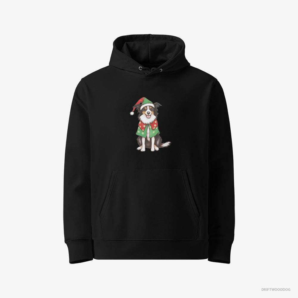 Border Collie Hoodie – Men Black Hoodie Eco-Friendly – in a Colorful Elf Outfit (on White Background)