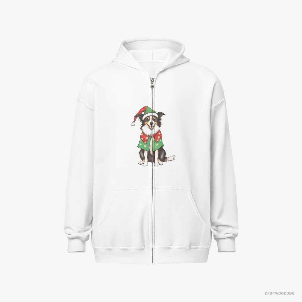 Border Collie Hoodie – Men White Hoodie Full-Zip – in a Colorful Elf Outfit (on White Background)