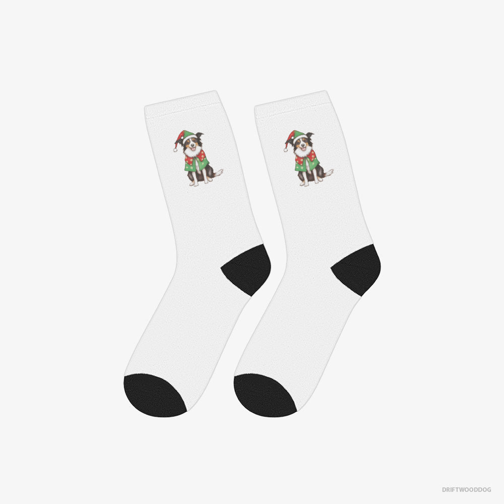 Border Collie Socks – Unisex White Socks Classic – in a Colorful Elf Outfit (on White Background)