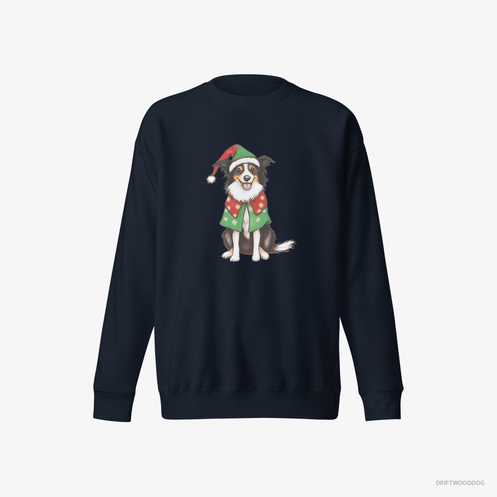 Border Collie Sweatshirt – Men Navy Sweatshirt Eco-Friendly – in a Colorful Elf Outfit (on White Background)