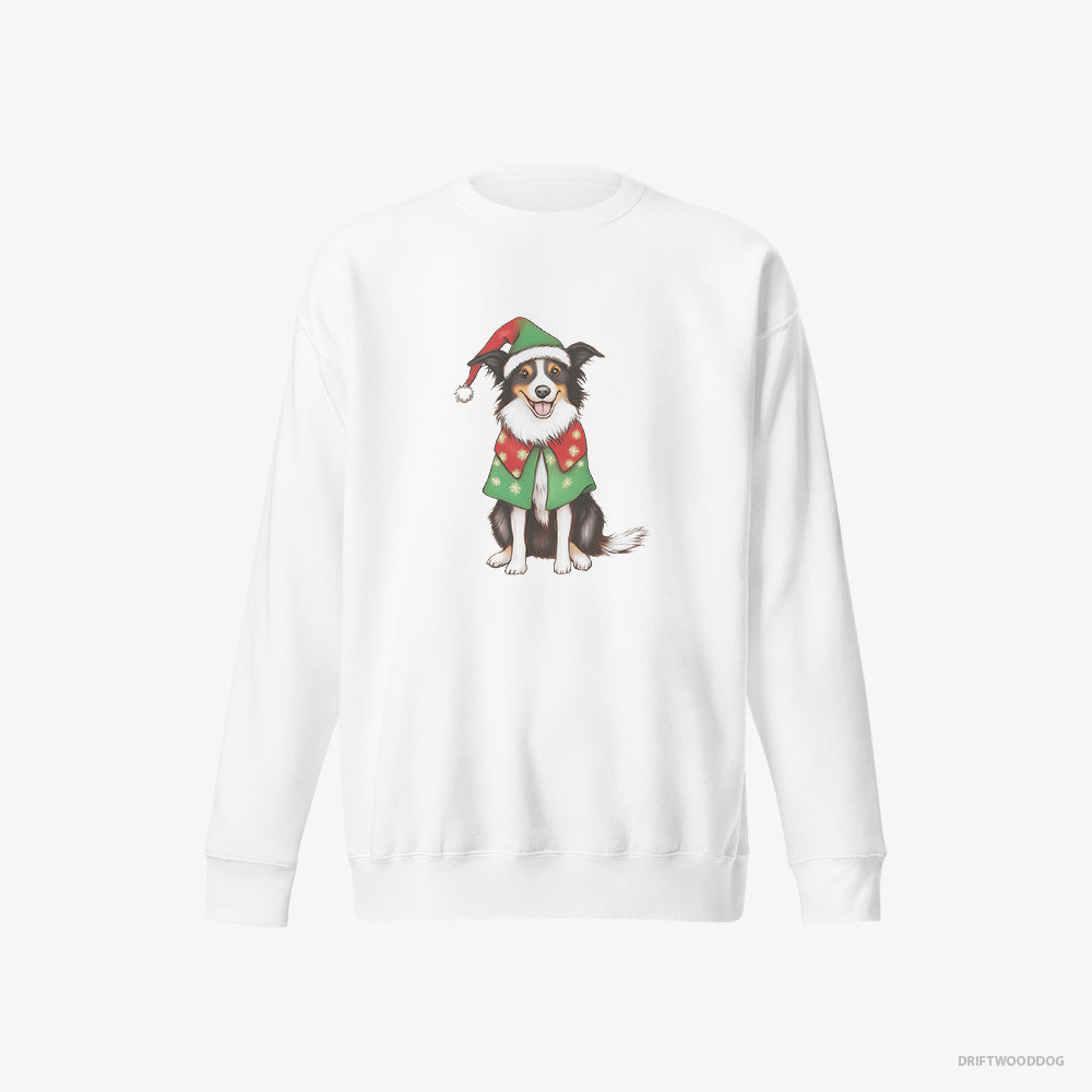 Border Collie Sweatshirt – Men White Sweatshirt Eco-Friendly – in a Colorful Elf Outfit (on White Background)