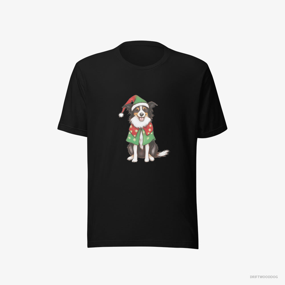 Border Collie T-Shirt – Men Black T-Shirt Eco-Friendly – in a Colorful Elf Outfit (on White Background)