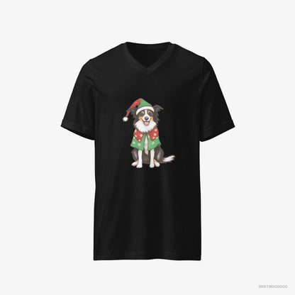 Border Collie T-Shirt – Men Black T-Shirt V-Neck – in a Colorful Elf Outfit (on White Background)