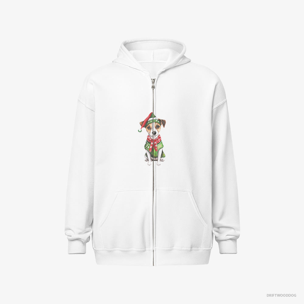 Jack Russell Terrier Hoodie – Men White Hoodie Full-Zip – Dressed as Santa's Little Elf (on White Background)