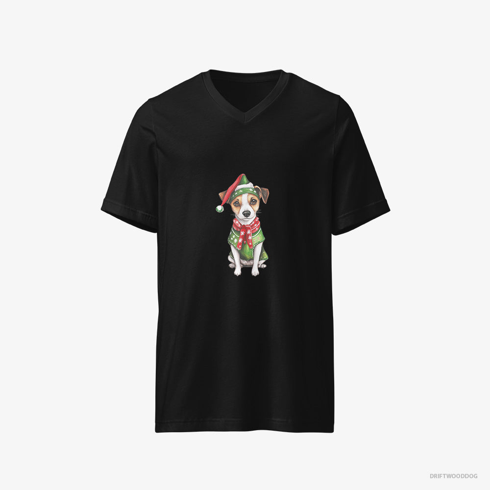 Jack Russell Terrier T-Shirt – Men Black T-Shirt V-Neck – Dressed as Santa's Little Elf (on White Background)