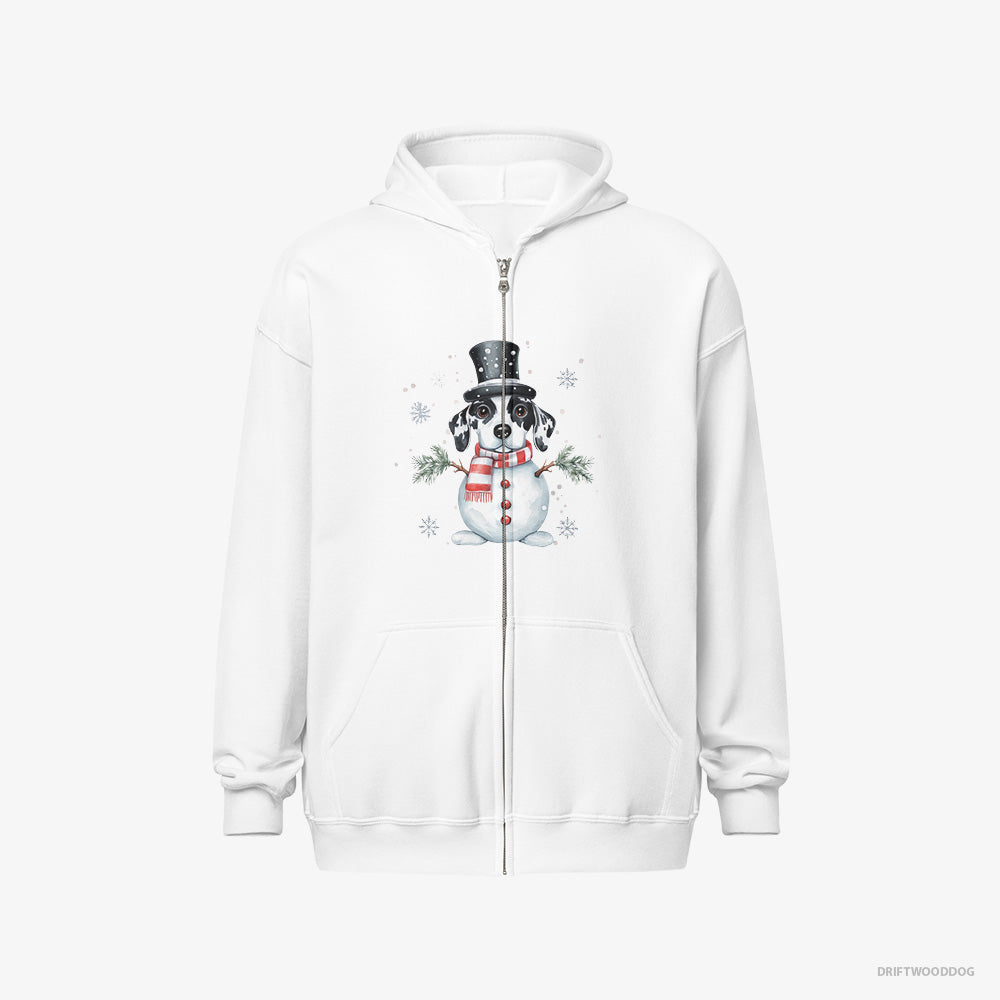 Dalmatian Hoodie – Men White Hoodie Full-Zip – in a Snowman Suit (on White Background)