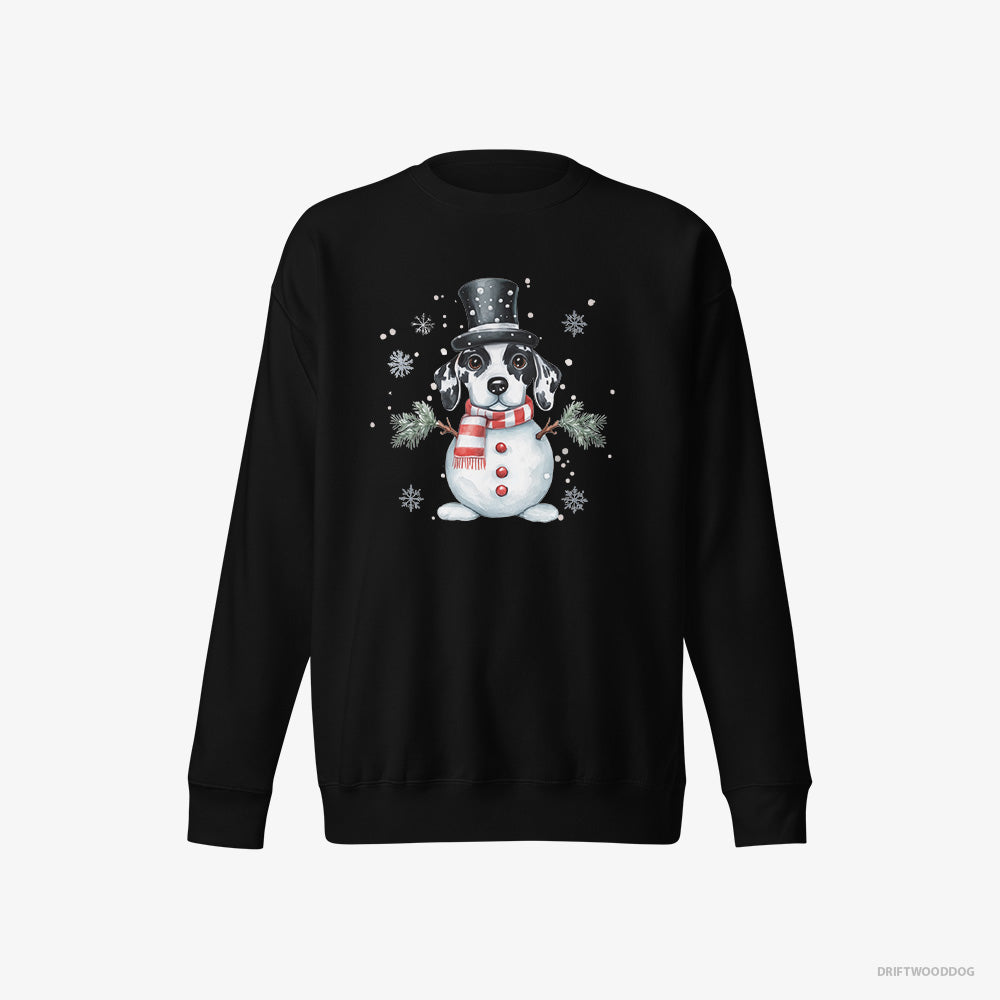 Dalmatian Sweatshirt – Women Black Sweatshirt Eco-Friendly – in a Snowman Suit (on White Background)