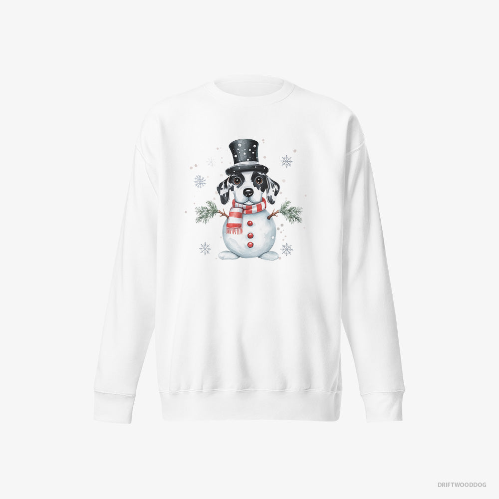 Dalmatian Sweatshirt – Women White Sweatshirt Eco-Friendly – in a Snowman Suit (on White Background)