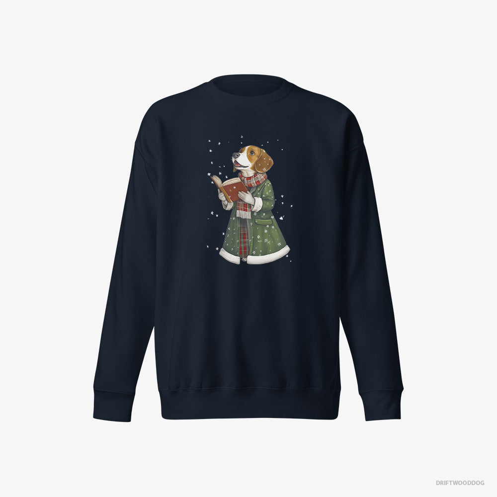 Beagle Sweatshirt – Women Navy Sweatshirt Eco-Friendly – Singing Holiday Carols (on White Background)