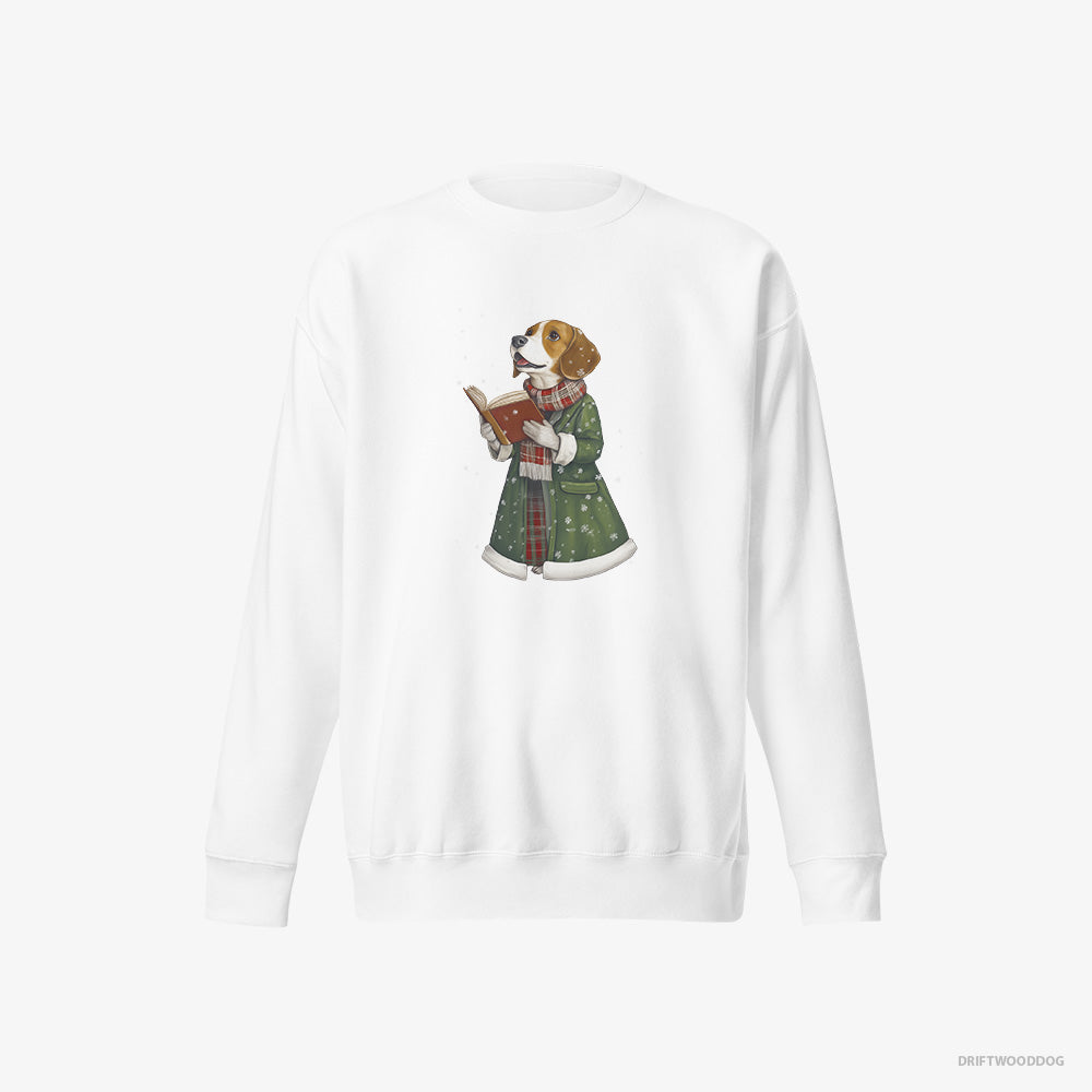 Beagle Sweatshirt – Men White Sweatshirt Eco-Friendly – Singing Holiday Carols (on White Background)