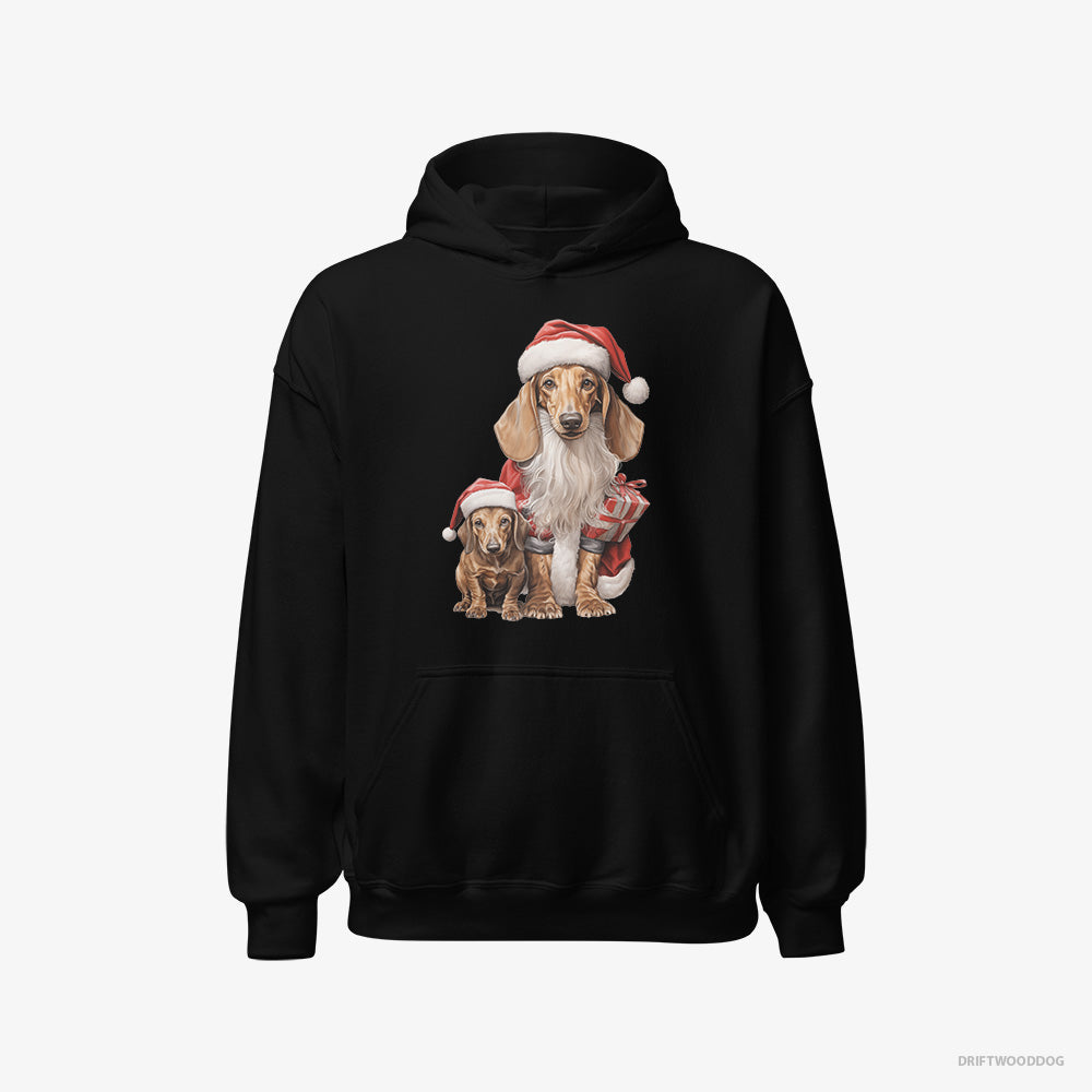 Dachshund Hoodie – Women Black Hoodie Classic – with its Puppy Ready for the Christmas (on White Background)