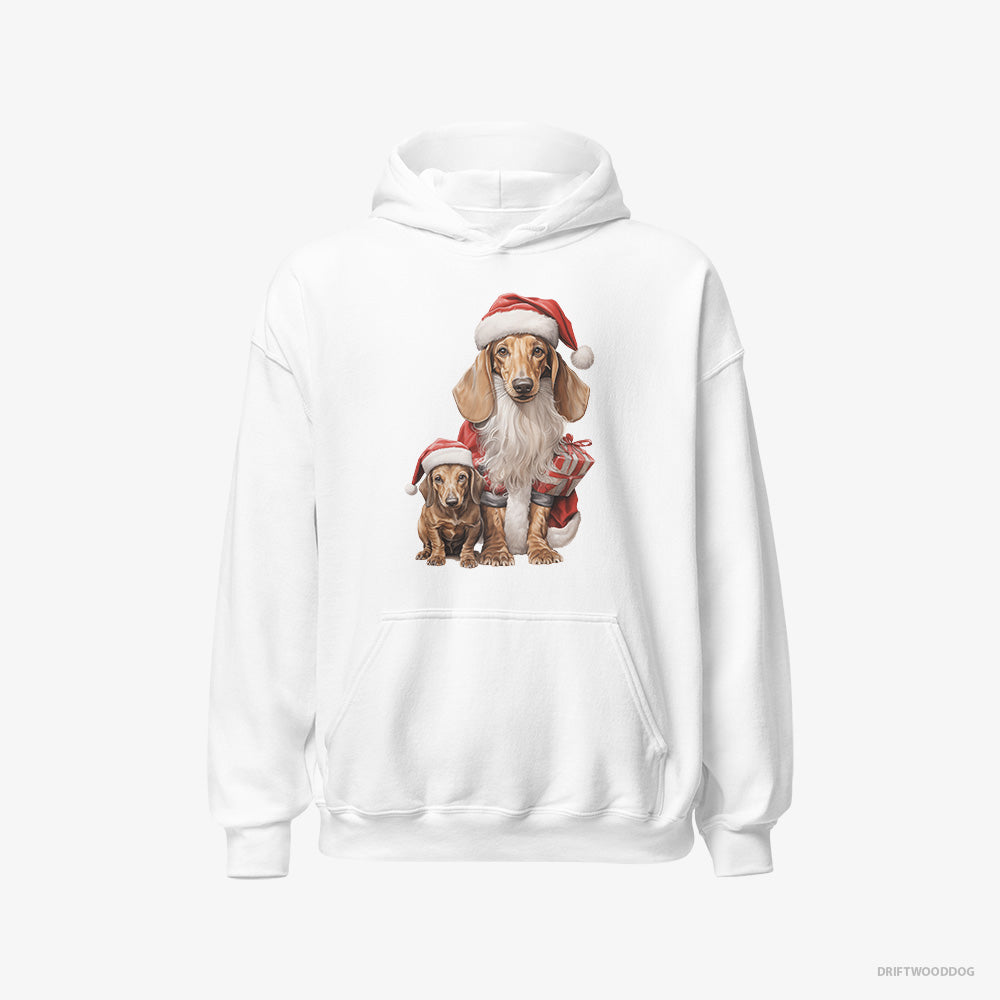 Dachshund Hoodie – Men White Hoodie Classic – with its Puppy Ready for the Christmas (on White Background)