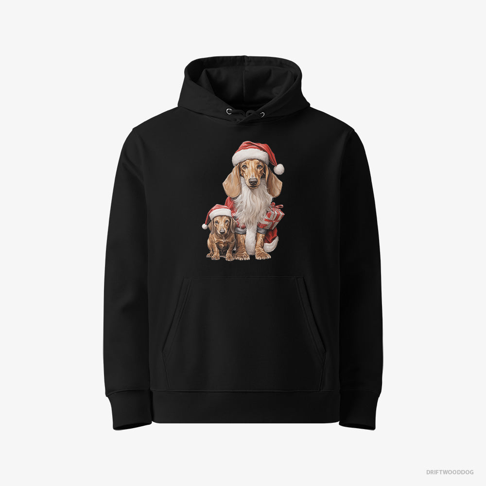 Dachshund Hoodie – Men Black Hoodie Eco-Friendly – with its Puppy Ready for the Christmas (on White Background)