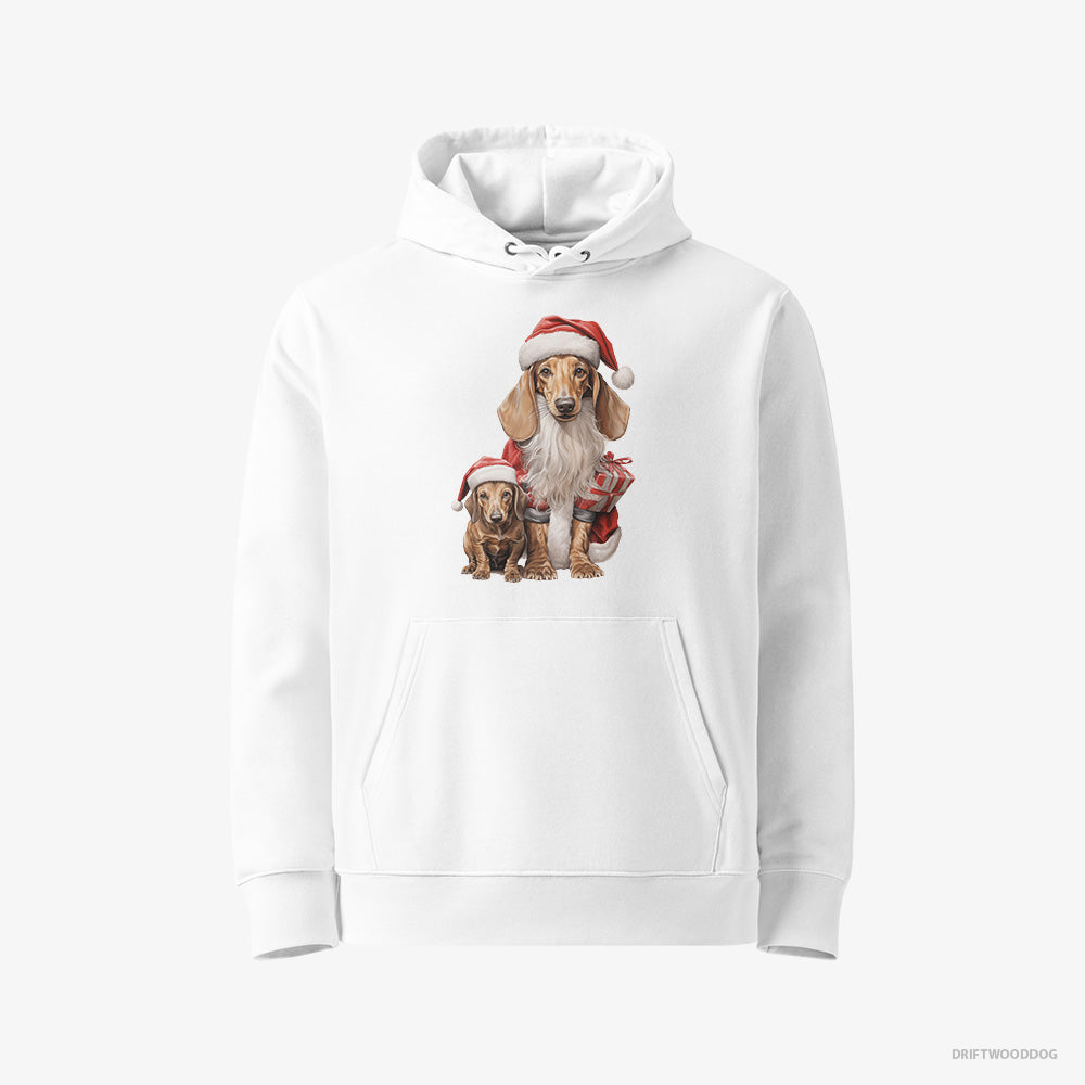 Dachshund Hoodie – Women White Hoodie Eco-Friendly – with its Puppy Ready for the Christmas (on White Background)