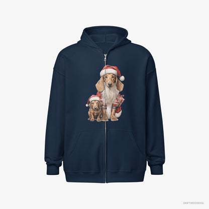 Dachshund Hoodie – Men Navy Hoodie Full-Zip – with its Puppy Ready for the Christmas (on White Background)