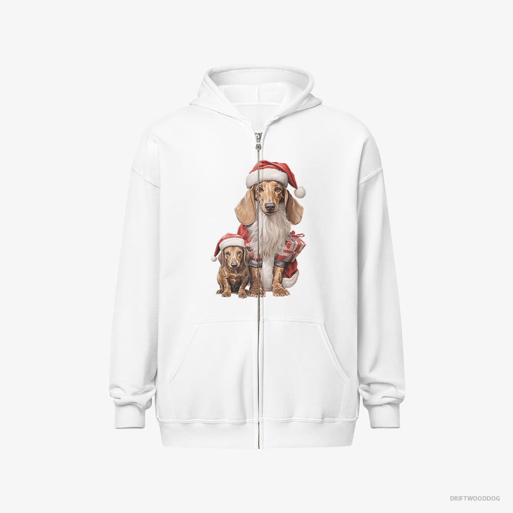 Dachshund Hoodie – Men White Hoodie Full-Zip – with its Puppy Ready for the Christmas (on White Background)