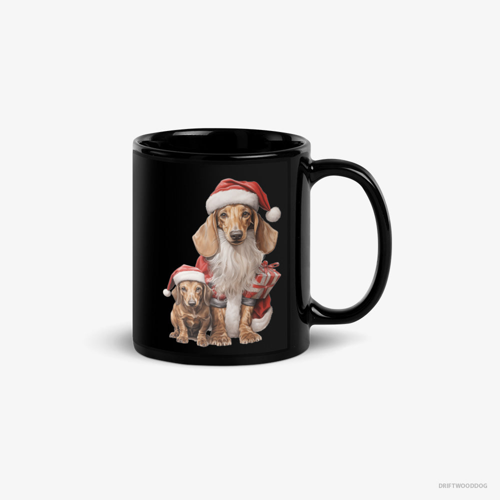 Dachshund Mug – Unisex Black Mug Classic – with its Puppy Ready for the Christmas (on White Background)