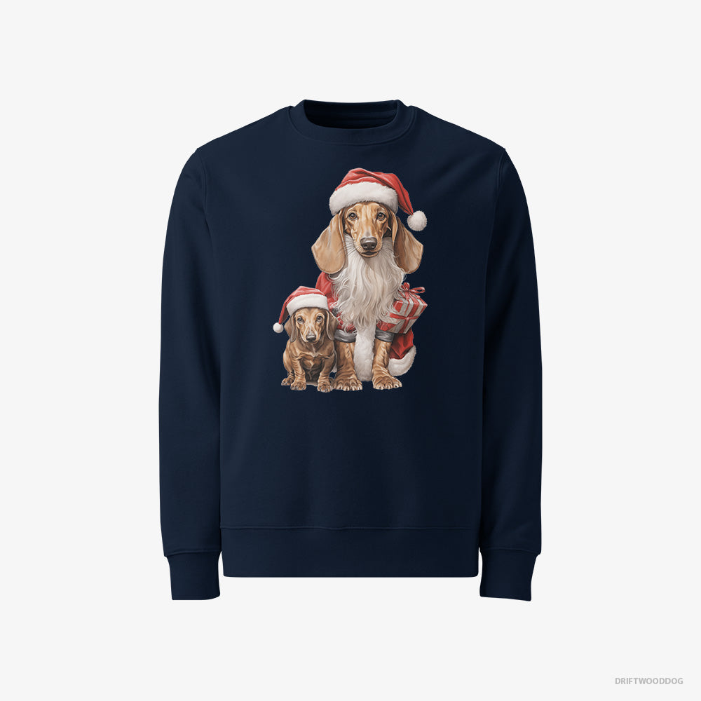 Dachshund Sweatshirt – Men Navy Sweatshirt Classic – with its Puppy Ready for the Christmas (on White Background)