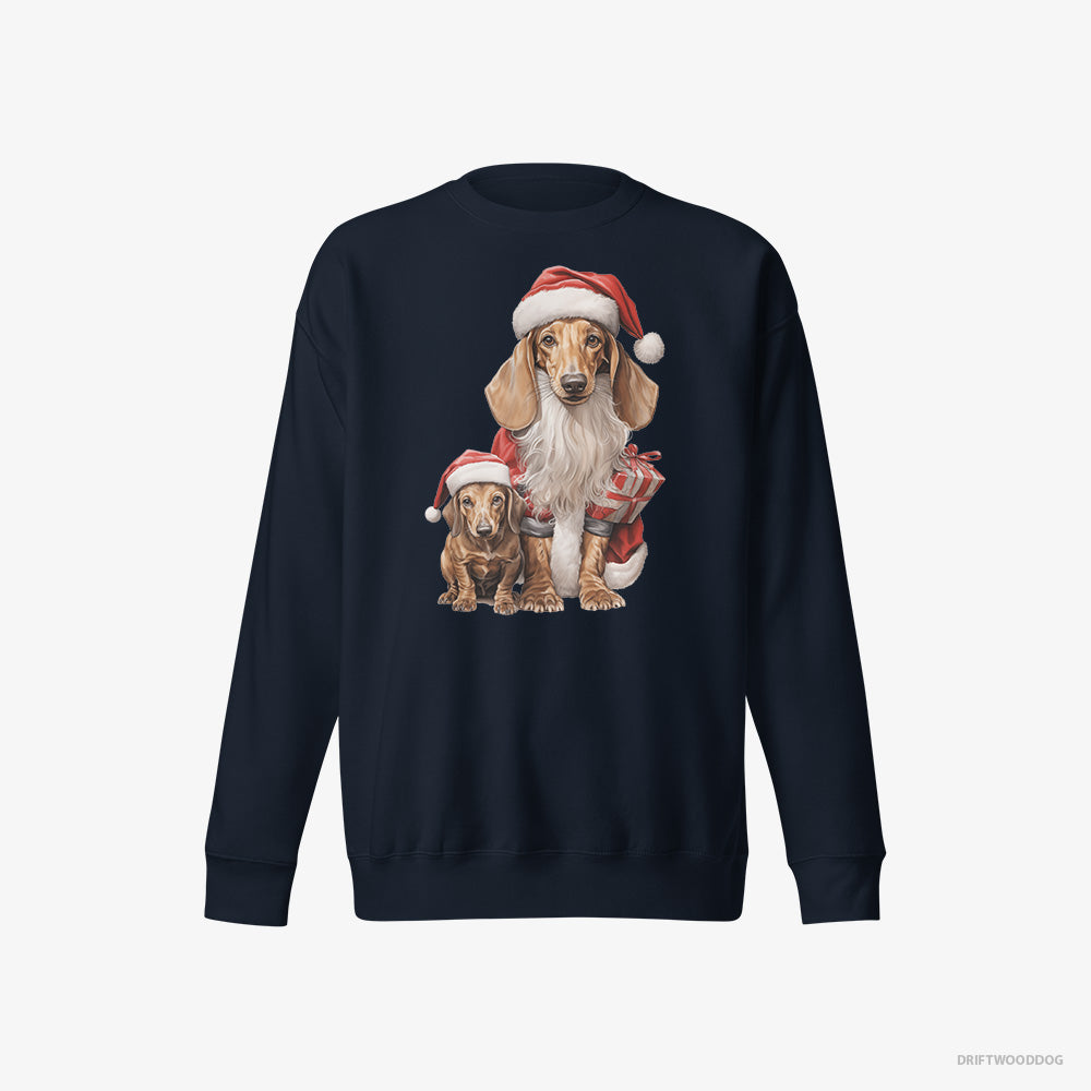 Dachshund Sweatshirt – Men Navy Sweatshirt Eco-Friendly – with its Puppy Ready for the Christmas (on White Background)