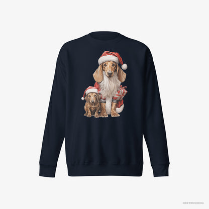 Dachshund Sweatshirt – Men Navy Sweatshirt Eco-Friendly – with its Puppy Ready for the Christmas (on White Background)