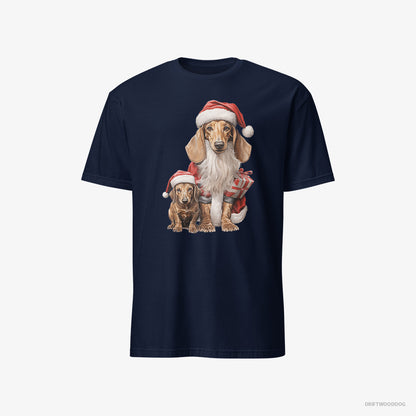 Dachshund T-Shirt – Men Navy T-Shirt Classic – with its Puppy Ready for the Christmas (on White Background)