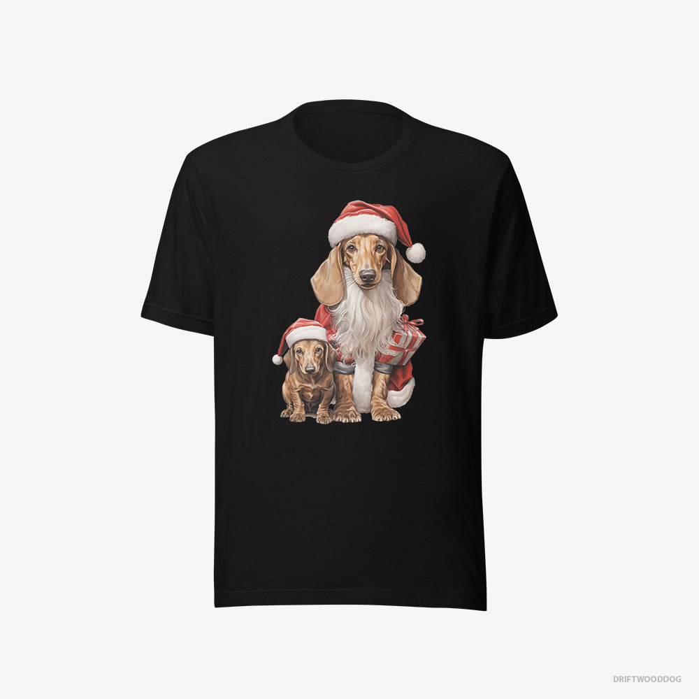 Dachshund T-Shirt – Men Black T-Shirt Eco-Friendly – with its Puppy Ready for the Christmas (on White Background)