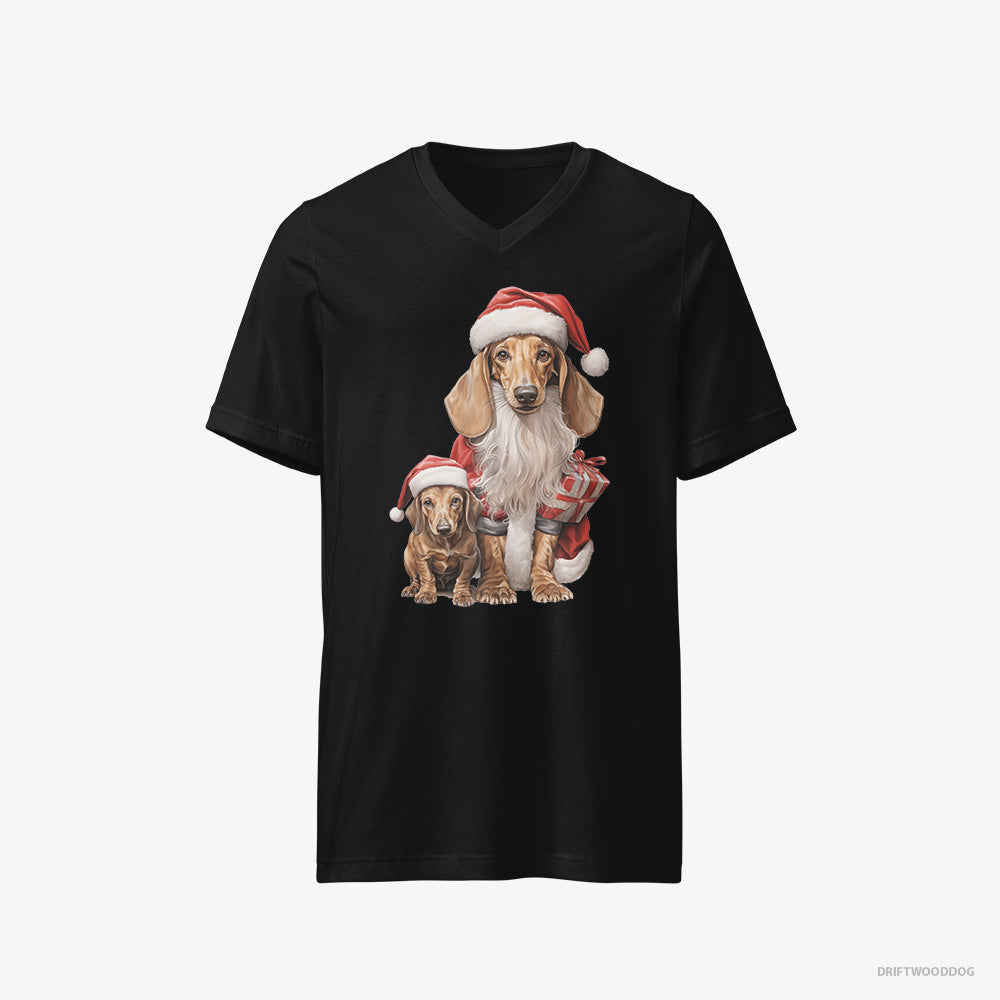 Dachshund T-Shirt – Men Black T-Shirt V-Neck – with its Puppy Ready for the Christmas (on White Background)