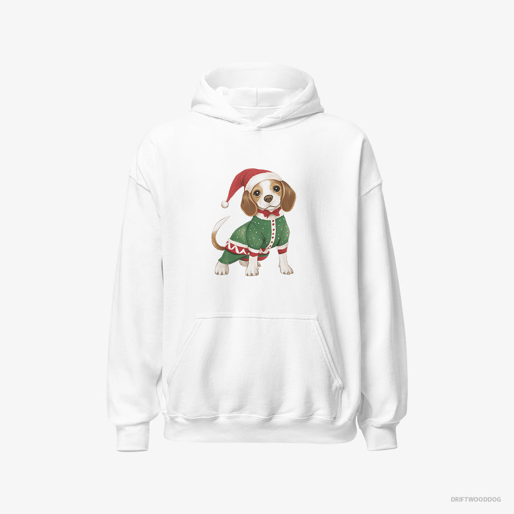 Beagle Hoodie – Men White Hoodie Classic – in a Christmas Elf Costume (on White Background)