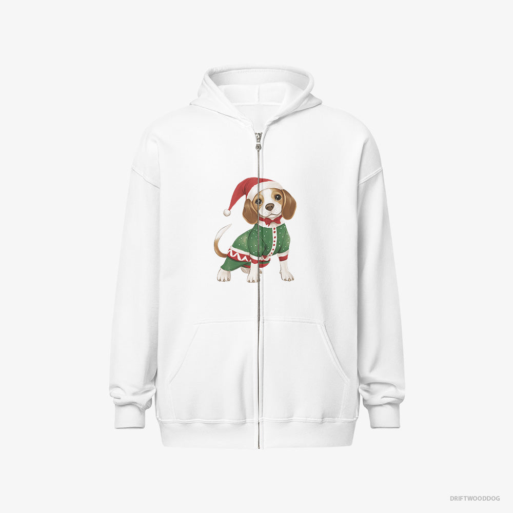 Beagle Hoodie – Men White Hoodie Full-Zip – in a Christmas Elf Costume (on White Background)