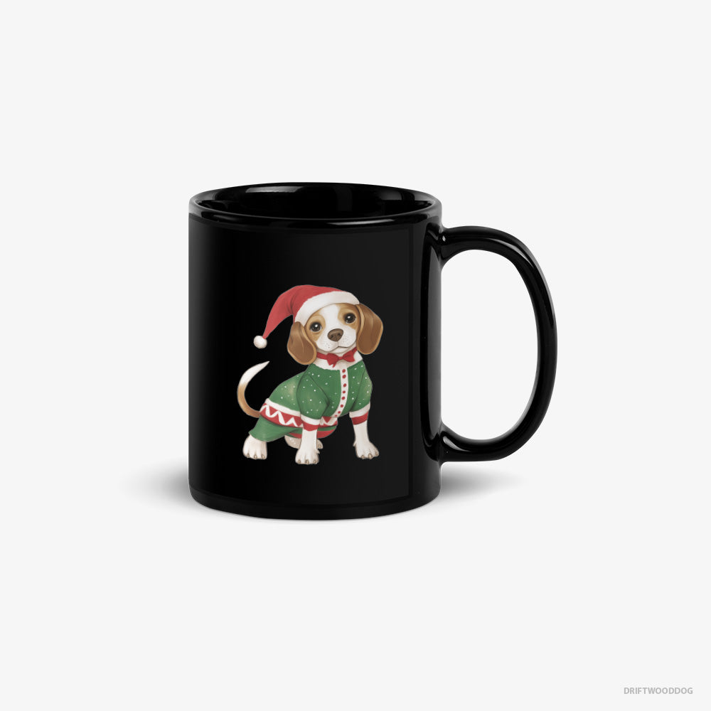 Beagle Mug – Unisex Black Mug Classic – in a Christmas Elf Costume (on White Background)