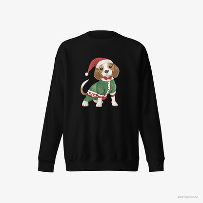 Beagle Sweatshirt – Men Black Sweatshirt Eco-Friendly – in a Christmas Elf Costume (on White Background)