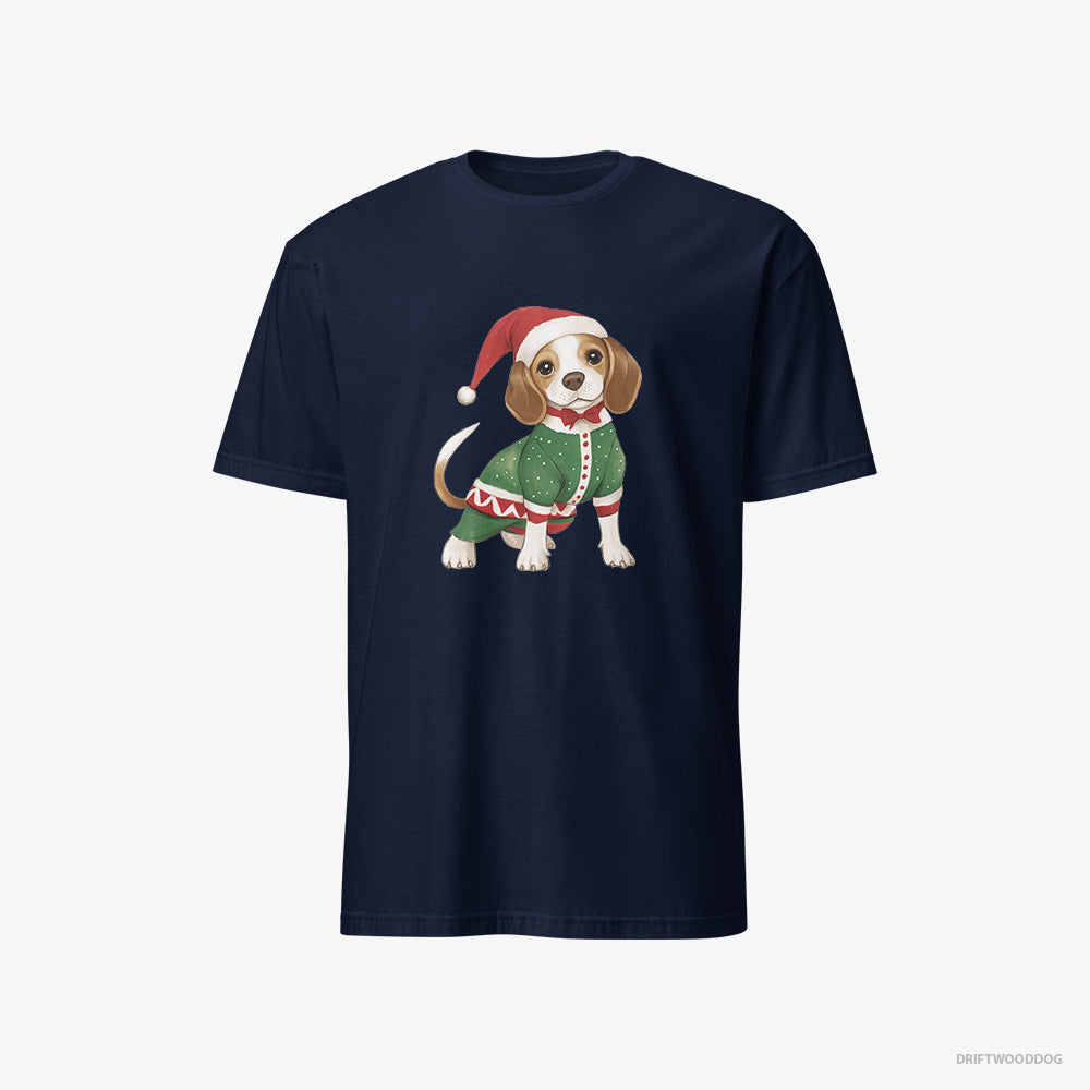 Beagle T-Shirt – Men Navy T-Shirt Classic – in a Christmas Elf Costume (on White Background)