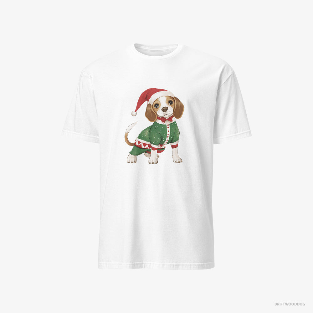 Beagle T-Shirt – Men White T-Shirt Classic – in a Christmas Elf Costume (on White Background)