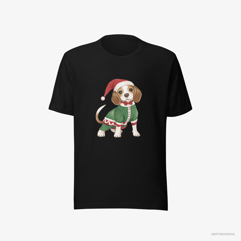 Beagle T-Shirt – Women Black T-Shirt Eco-Friendly – in a Christmas Elf Costume (on White Background)