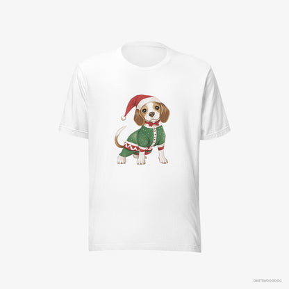 Beagle T-Shirt – Men White T-Shirt Eco-Friendly – in a Christmas Elf Costume (on White Background)