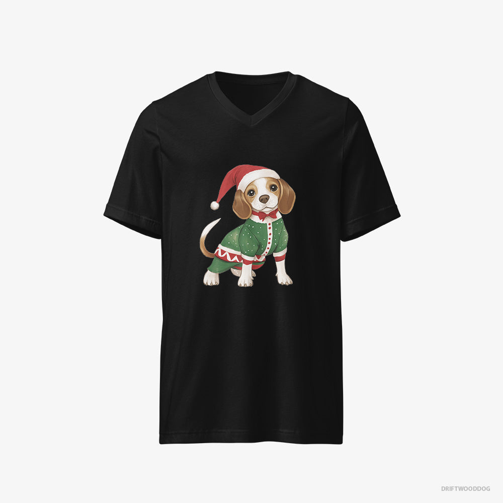 Beagle T-Shirt – Men Black T-Shirt V-Neck – in a Christmas Elf Costume (on White Background)