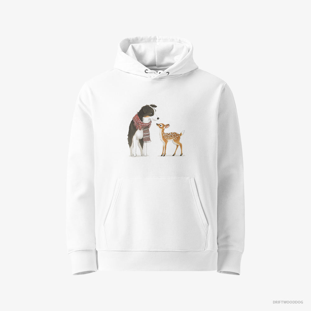 Border Collie Hoodie – Women White Hoodie Eco-Friendly – Meeting a Little Reindeer (on White Background)