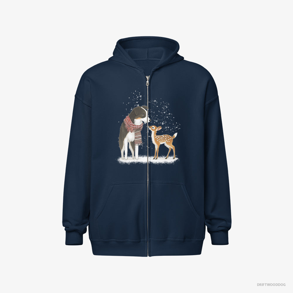 Border Collie Hoodie – Men Navy Hoodie Full-Zip – Meeting a Little Reindeer (on White Background)