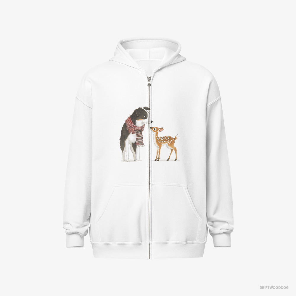 Border Collie Hoodie – Men White Hoodie Full-Zip – Meeting a Little Reindeer (on White Background)