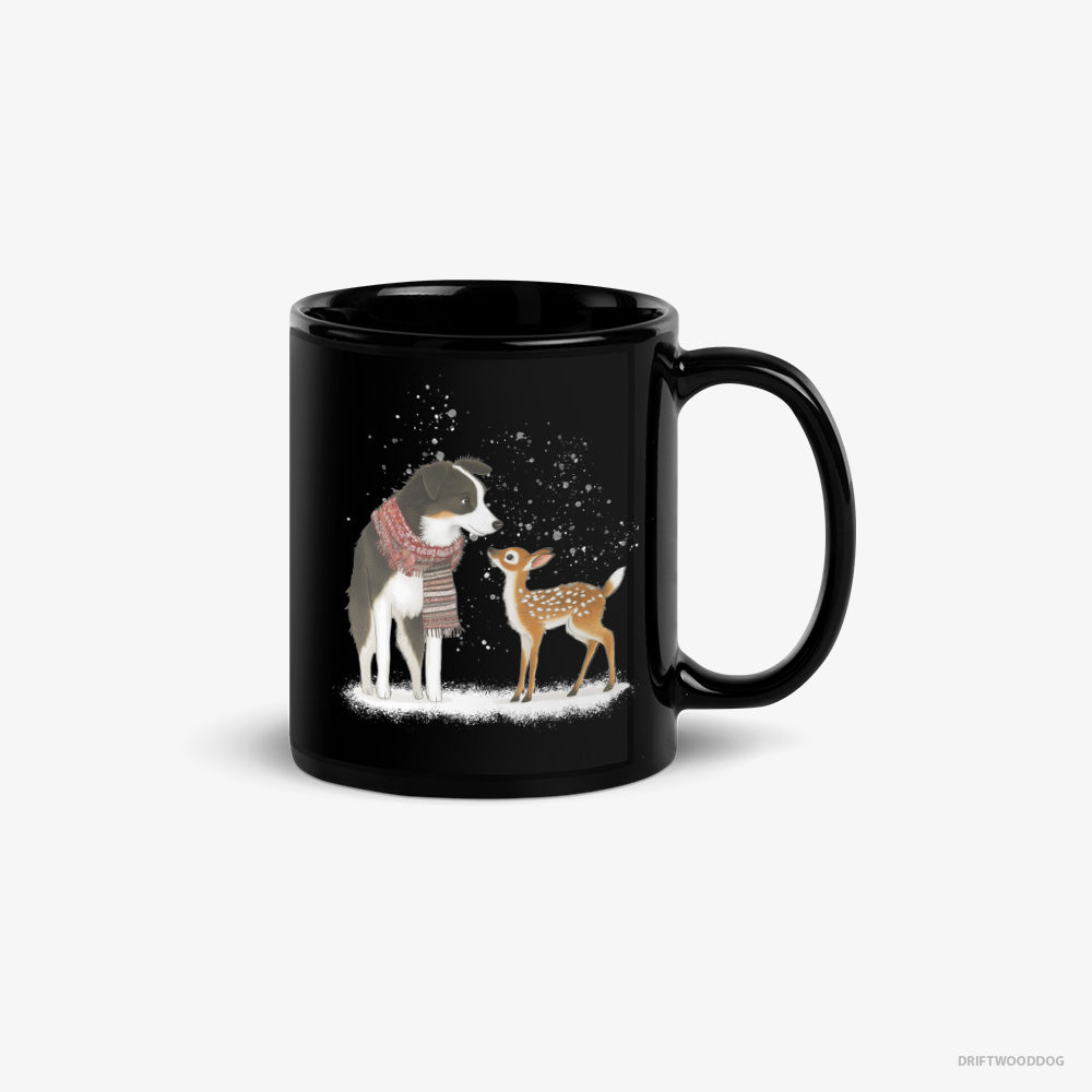 Border Collie Mug – Unisex Black Mug Classic – Meeting a Little Reindeer (on White Background)