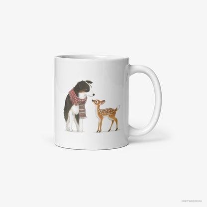 Border Collie Meeting a Little Reindeer White Mug