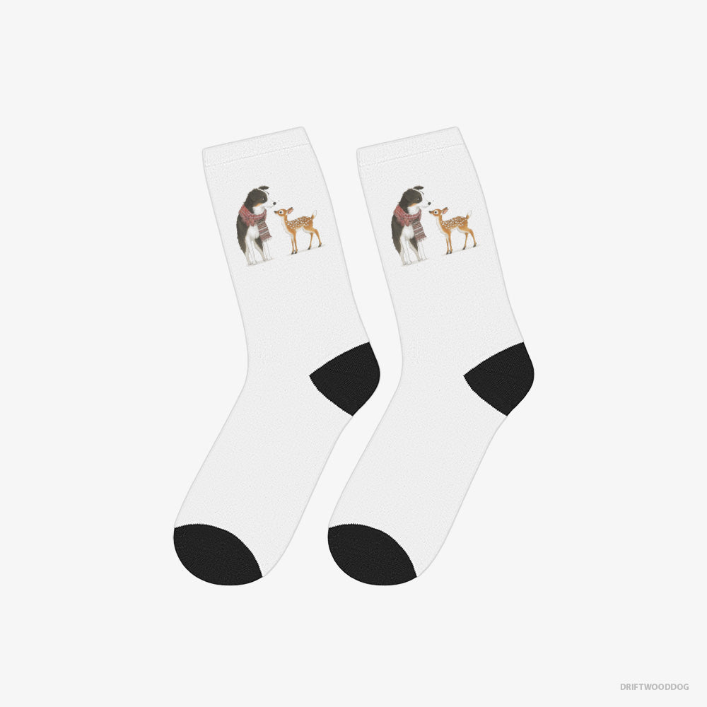 Border Collie Socks – Unisex White Socks Classic – Meeting a Little Reindeer (on White Background)