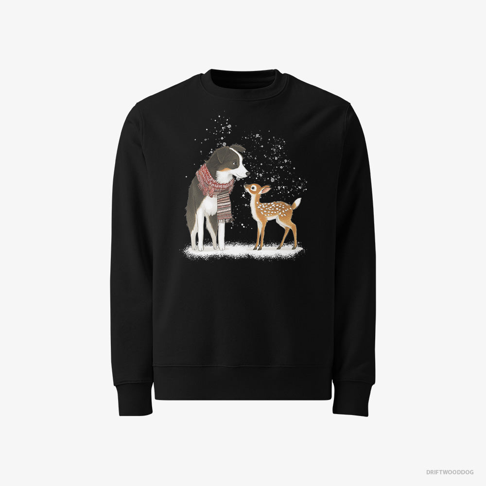 Border Collie Sweatshirt – Men Black Sweatshirt Classic – Meeting a Little Reindeer (on White Background)