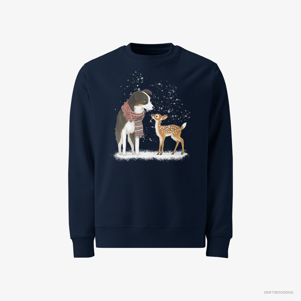 Border Collie Sweatshirt – Men Navy Sweatshirt Classic – Meeting a Little Reindeer (on White Background)