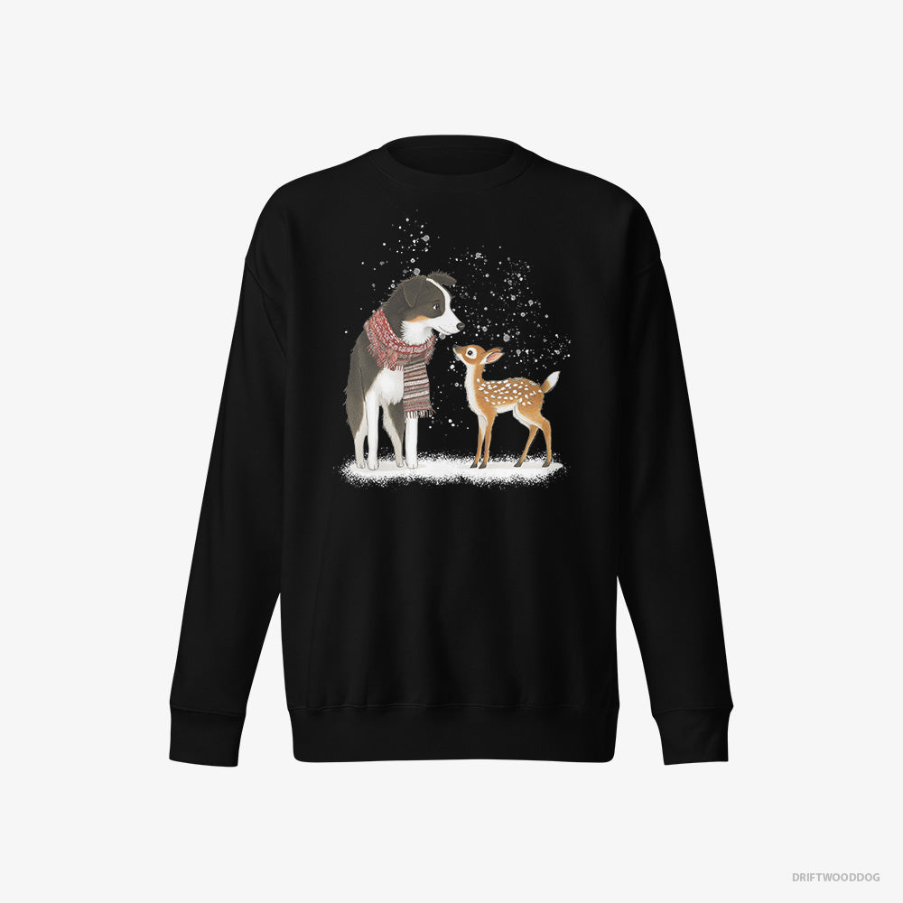 Border Collie Sweatshirt – Men Black Sweatshirt Eco-Friendly – Meeting a Little Reindeer (on White Background)