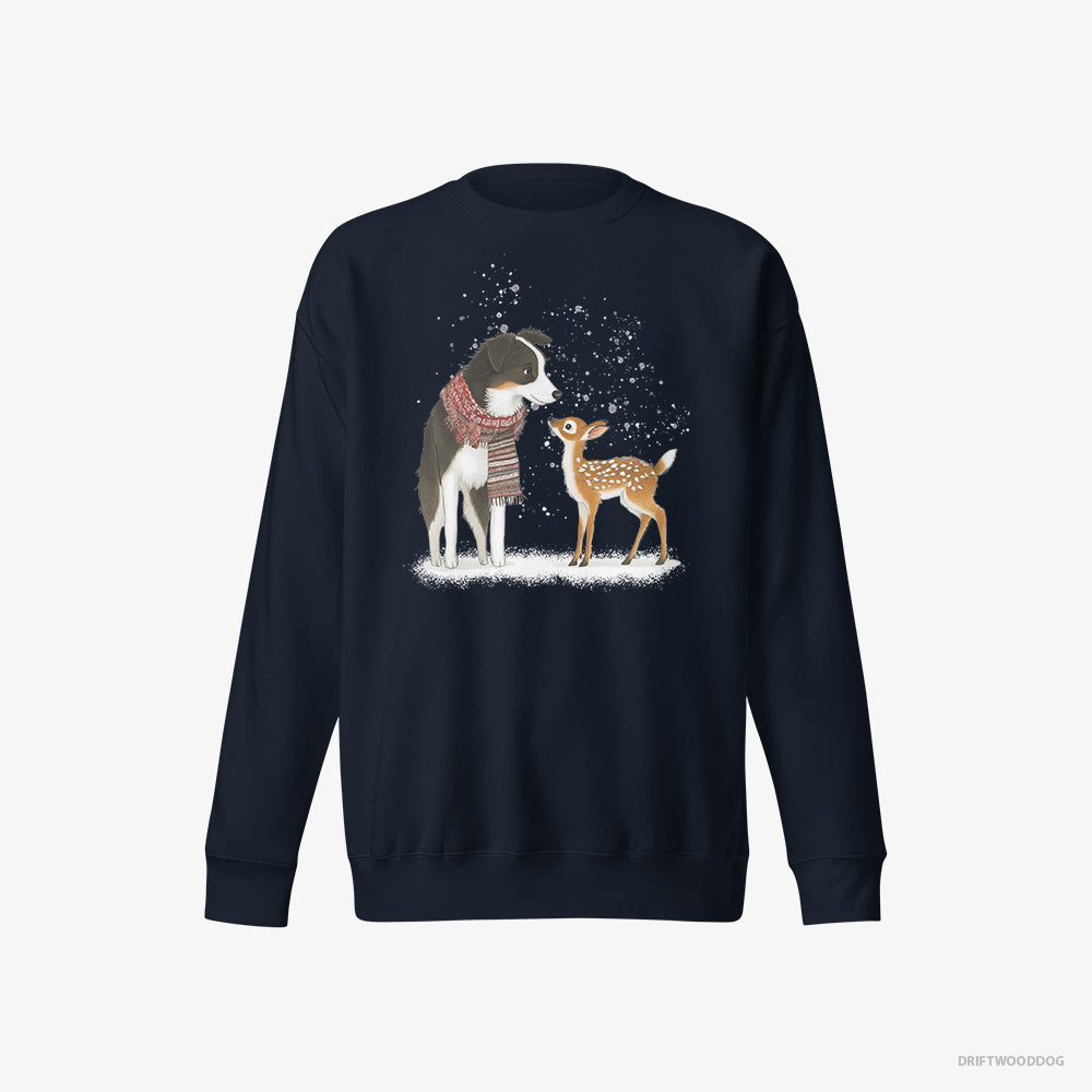 Border Collie Sweatshirt – Men Navy Sweatshirt Eco-Friendly – Meeting a Little Reindeer (on White Background)