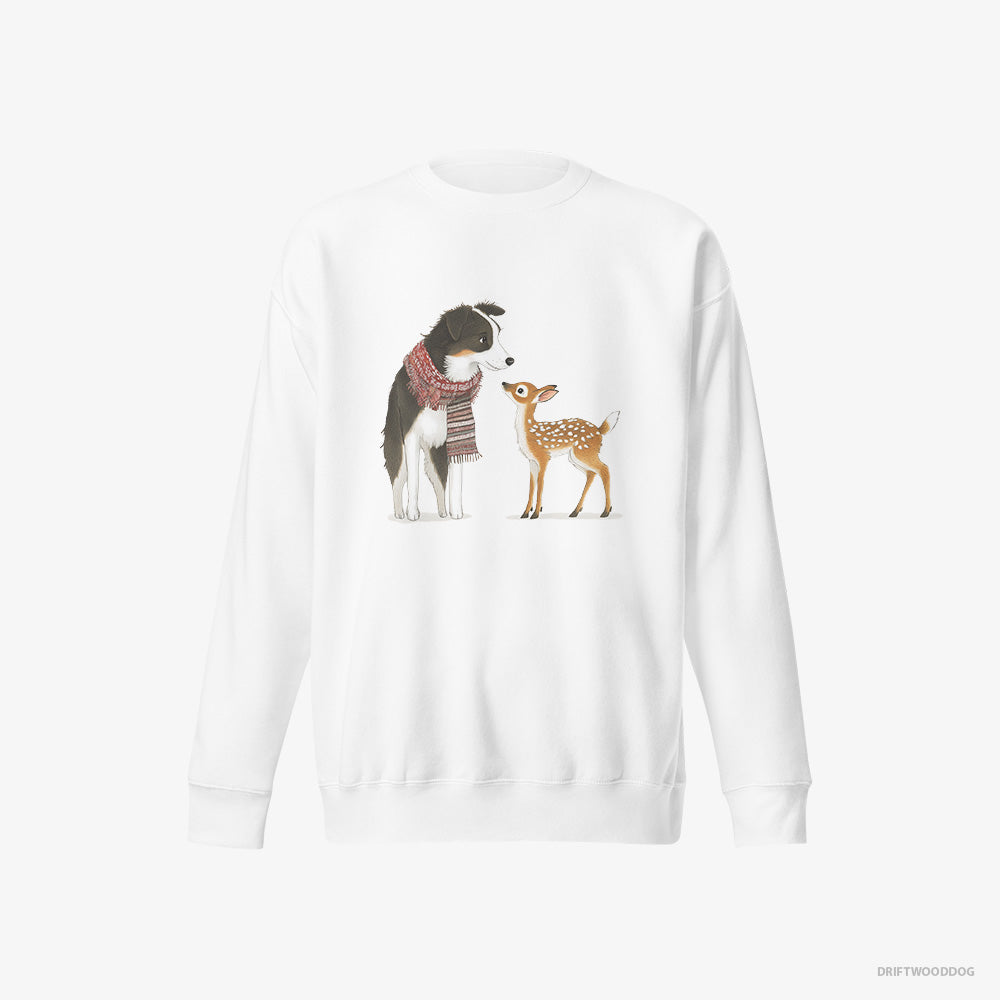 Border Collie Sweatshirt – Men White Sweatshirt Eco-Friendly – Meeting a Little Reindeer (on White Background)