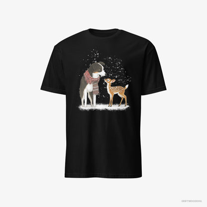 Border Collie Meeting a Little Reindeer Black T-Shirt