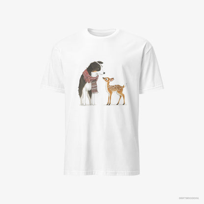 Border Collie T-Shirt – Men White T-Shirt Classic – Meeting a Little Reindeer (on White Background)