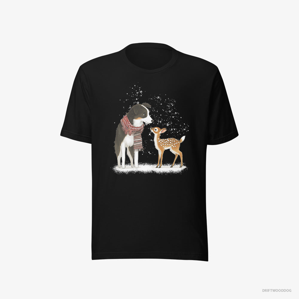 Border Collie T-Shirt – Women Black T-Shirt Eco-Friendly – Meeting a Little Reindeer (on White Background)